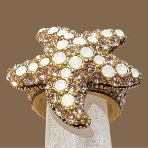Vintage Heidi Daus Goldtone Starfish Ring w/ Opaque White & Clear Crystals Sz 6